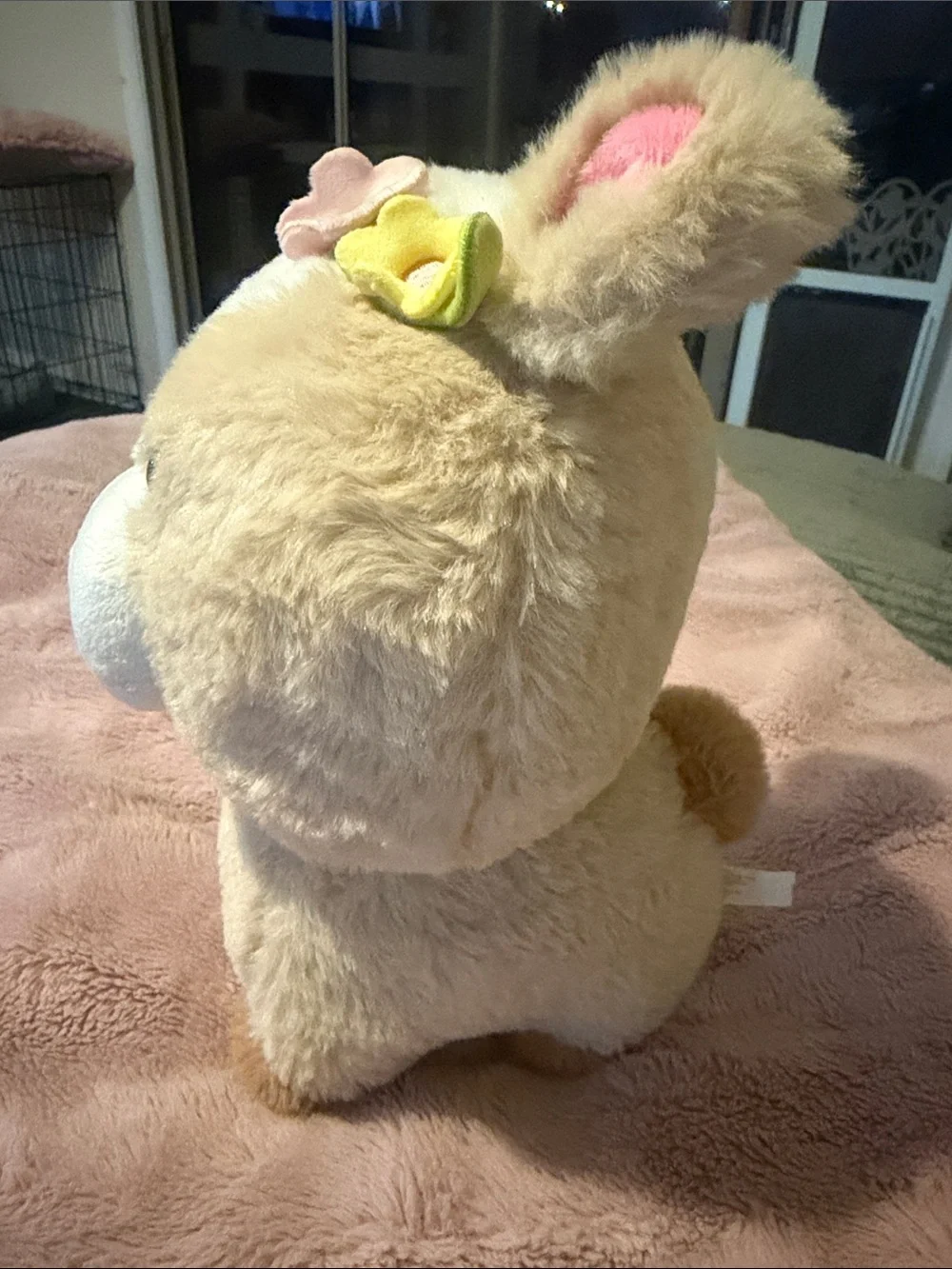 Plush Bunny Headband Accessory in Beige with Pastel Flower Accents
